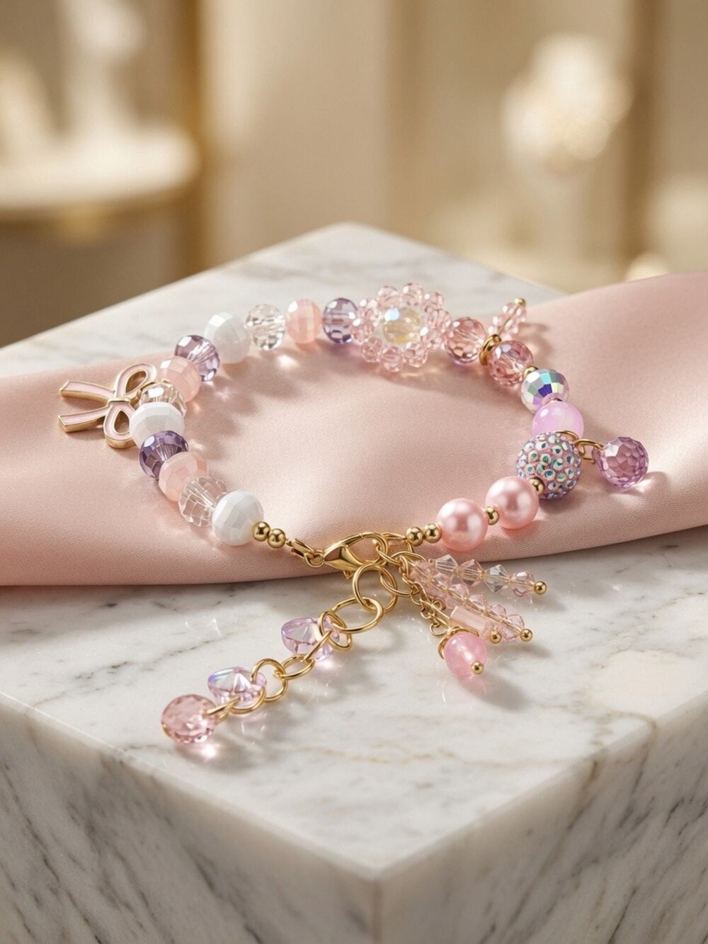 Pink Swarovski Beaded Charm Bracelet